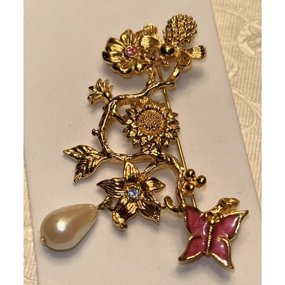 Vtg Avon Goldtone "Spring Garden" Brooch Bee And Butterfly Flowers EUC - Picture 3 of 7